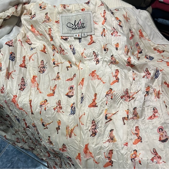 Miss Top Gun Long leather bomber jacket fur lined hooded pinup girl lined size s - Picture 10 of 12